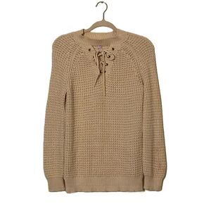 Alya Lace Up Front Cream Crochet Style Long Sleeve Pullover Sweater